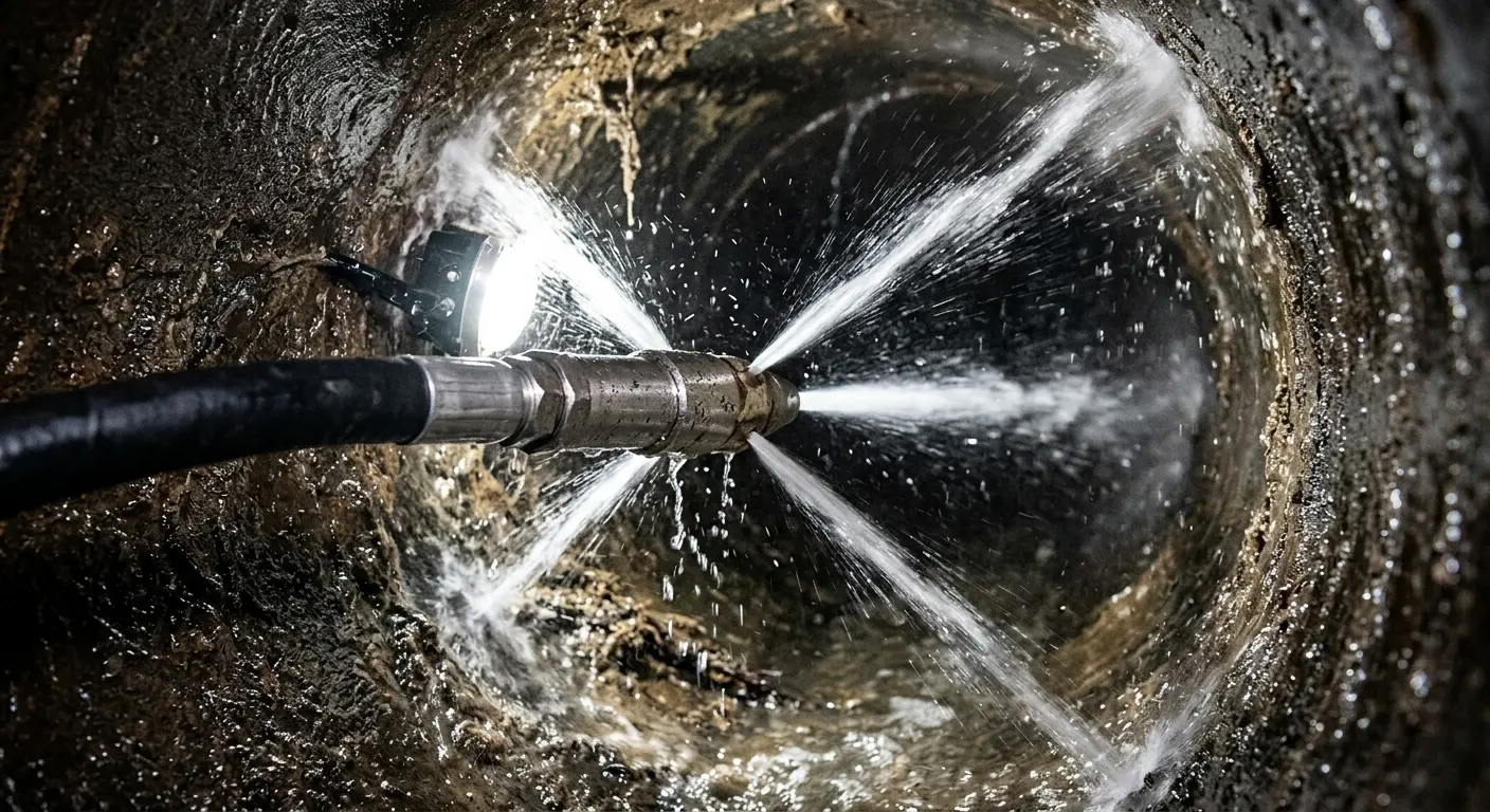 High-pressure hydro jetting nozzle cleaning sewer pipe for Emergency Drain Service in Upper Arlington
