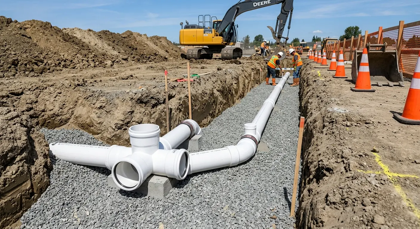 New PVC sewer pipe installation in open trench for Commercial Drain Cleaning in Upper Arlington