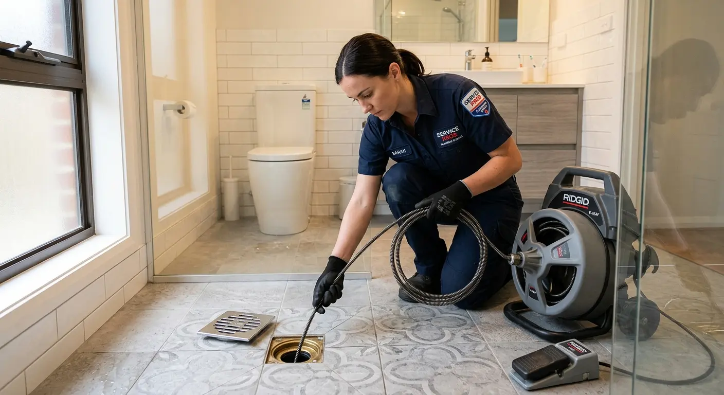 Technician clearing a bathroom floor drain for Hydro Jetting in Upper Arlington